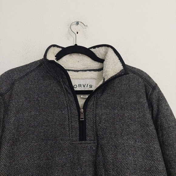ORVIS Sweater Jacket Mens Medium Sherpa Fleece Lined 1/4 Zip Pullover Gray Black - Picture 2 of 8
